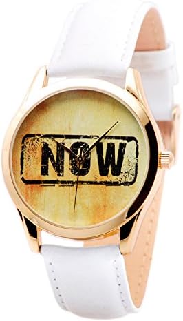 Gold Case NOW Watch (White Band), Wrist Watch That Says Now, Gift for Girlfriend, Creative Birthday Gifts