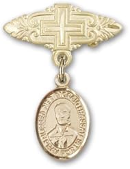 Gold Filled Baby Badge with Blessed Pier Giorgio Frassati Charm and Badge Pin with Cross