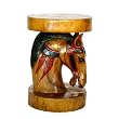 Handmade Asian Furniture - 20" Carved Round Wood End Table - Horse Head Design & Painted Accents