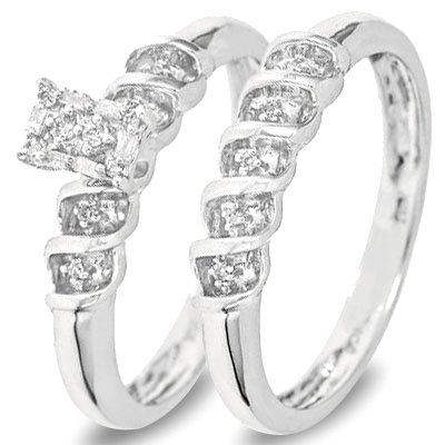 1/10 Carat T.W. Round Cut Diamond Engagement Ring and Women's Wedding Band Set 14K White Gold - Two Rings: Ladies Engagement Ring and Ladies Wedding Band - Free Gift Box -
