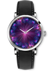 SPRAWL Aanalog Fashion Series Silver Ladies Watches of Genuine Black Leather Strap,Unique Wrist Watch for Women Girls Designed with Lines in blue flames and roses