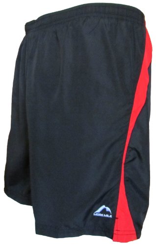 Mens More Mile 7 inch baggy running shorts in Black with a red side panel style ZORBO