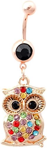 316L Stainless Steel 14G Colorful Crystal Retro Owl Bird Dangle Navel Ring Belly Bar Stud Ball Barbell