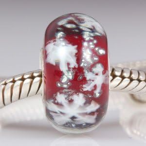 Hoobeads Merry Christmas Murano Glass Bead / 925 Sterling Silver Snowflake Charms Fit Pandora Bracelets (Red)