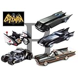 Set of 5 Hot Wheels Batmobile 1/50 Scale: 1966, Animated, Batcycle, Dark Night and Comic Book Batmobiles