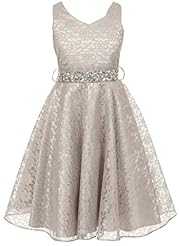 Girls  Belted Lace Tea Length Floral Print Flower-Girl Dress  With Rhinestones and a Sash 