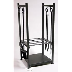 BLACK WROUGHT IRON LOG RACK WITH TOOLS