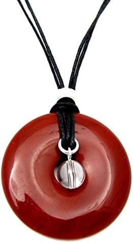 Red Jasper Circle Gemstone Pendant Charm, 22" Black Cotton Cord Necklace