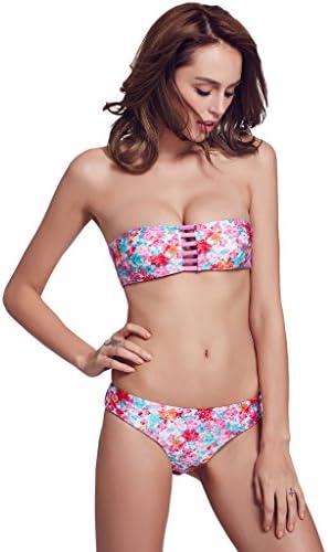 The Fille Womens Reversible Glittering Brazilian Bikini Set Bandeau Top Floral S