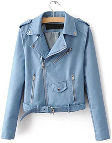 Changde360 Warm Womens Casual Coat 2016 New Arrival Autumn Lapel Long Sleeve Faux Leather Belted Moto Basic Jacket With Zipper Outwear BlueL Soft