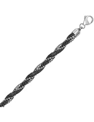 Sterling Silver Rhodium and Ruthenium Plated Bead, Wheat, and Mesh Bracelet