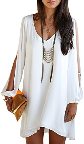 SRGURO® Sexy Womens V-Neck Loose Irregular Hem Summer Chiffon Short Beach Dress (White, XXL)