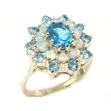 Fabulous Solid Sterling Silver Natural Blue Topaz & Fiery Opal 3 Tier Large Cluster Ring - Finger Sizes 5 to 12 Available