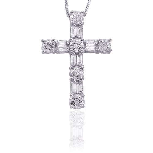 Sterling Silver 1 ct. Round and Baguette Cut Diamond Cross Pendant with Chain