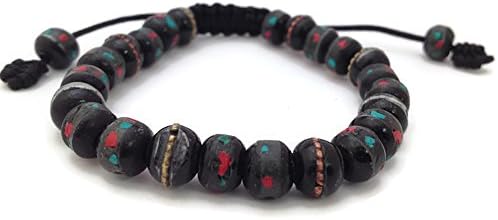 Tibetan Dark Yak Bone Beads Adjustable Wrist Mala Inlay Turquoise and Coral