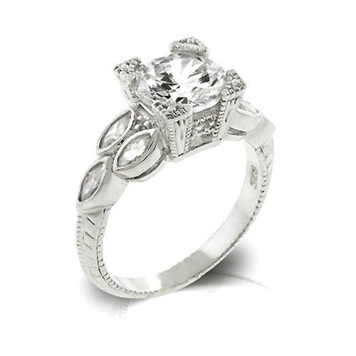 Bling Jewelry Sterling Silver Vintage 2 ct Round CZ Marquise Side Stone Engagement Ring