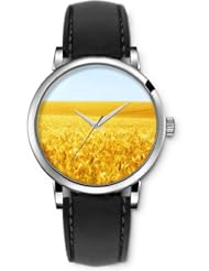 SPRAWL Aanalog Fashion Series Silver Ladies Watches of Genuine Black Leather Strap,Unique Wrist Watch for Women Girls Designed with Wheat Field