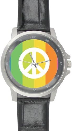 Birthday Gifts Classic Peace Sign with Colorful Background Black Leather Alloy High-grade Watch