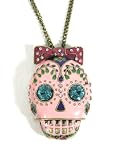 Sugar Skull Necklace Pink Crystal Bow Gothic Punk Skeleton Charm Pendant Fashion Jewelry