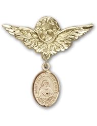 Gold Filled Baby Badge with St. Bede the Venerable Charm and Angel with Wings Badge Pin