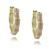 14k Gold Overlay Pink Enamel Heart Design Children's Hoop Earrings
