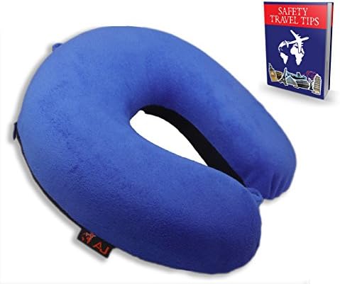 Memory Foam Travel Pillow-The Best Travel Neck Pillow for Sleeping-Travel Pillow for Adults and Children -Luxurious Velvet Blue/Black Removable Washable Cover. Bonus Downloadable Travel Safety Guide.