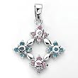 Unique and Colorful Solid Sterling Silver Cubic Zirconia Rhodium Plated Pendant with Pink and Blue Topaz Color Flower Shape Cubic Zirconia Stones.