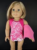 Pink One Piece Swim Suit in Pink with White Floral Design Complete with Towel and Swim Cap Designed for 18 Inch Doll Like the American Girl Dolls