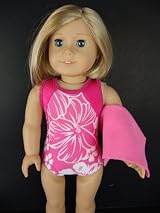 Pink One Piece Swim Suit in Pink with White Floral Design Complete with Towel and Swim Cap Designed for 18 Inch Doll Like the American Girl Dolls