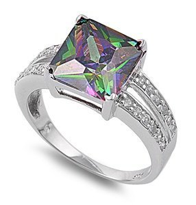 Princess Cut Mystic Simulated Topaz Cubic Zirconia Ring Sterling Silver 925 (Sizes 4-10)