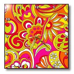 Psychedelic 60s MOD Flowers Hot Pink Orange Yellow White - 10x10 Wall Clock