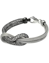 2 Strands Knot Center Black Net With Cubic Zirconia Stones Sterling Silver Italian Bracelet Length 7" Width 17mm Lock Lobster Clasp