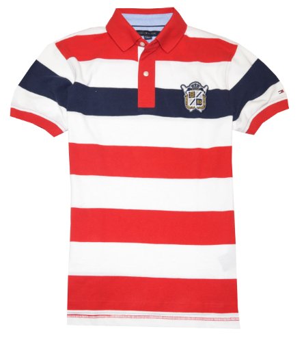 Tommy Hilfiger Men TH-85 Logo Striped Polo T-shirt (M, Red/white/navy)