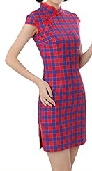 Mandarin Collar Cotton Sheath Plaid Print Mini Dress 
