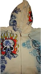 Men's Ed Hardy Hoodie Hooded Sweat Jacket Flaming Skull Age Lime/Off White