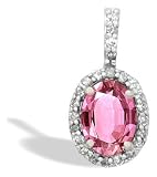 14K White Gold Oval Created Pink Sapphire and Diamond Pendant