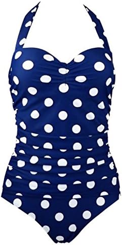 Korlen Navy Blue Dot Vintage 50s Retro Pin Up Halter One Piece Swimsuit