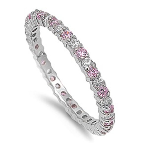 Discount 1.00 CT Sterling Silver Rhodium Plated Round Pink Sapphire CZ Cubic Zirconia Ladies Eternity Stackable Ring Wedding Anniversary Band (Available in size 6, 7, 8)