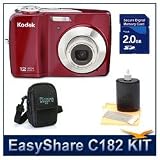 Kodak EasyShare C182 Point-and-shoot Digital Camera (Red), 12 Megapixels, 3x Optical Zoom Lens, 3 Inch LCD, Ultra-Compact Digital Camera Deluxe Carrying Case, 3pc. Lens Cleaning Kit, 2 GB Memory Card