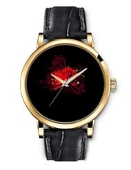 SPRAWL Aanalog Fashion Series Gold Ladies Watches of Genuine Black Leather Strap,Unique Wrist Watch for Women Girls Designed with Design red flower on black background