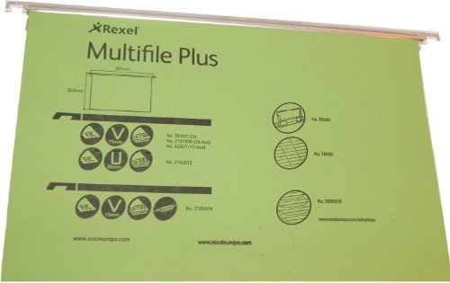Rexel A4 Suspension Files with Tabs and Inserts for Filing Cabinets, 15 mm V-Base, 100 Percent Recycled Manilla, Green, Multifile, Pack of 50, 78617
