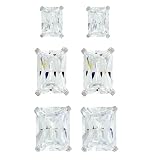 Platinum Plated Sterling Silver Emerald-Cut Cubic Zirconia Stud Earrings in Three Sizes Set, 2...