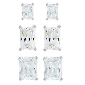 Buy Platinum Overlay Sterling Silver Emerald-Cut Cubic Zirconia Stud Earrings in Three Sizes Set, 2... by Amazon.com Collection