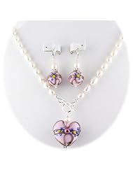 Pink Murano Glass Heart Pendant Freshwater Pearl Lariat Sterling Silver Toggle Necklace Earrings
