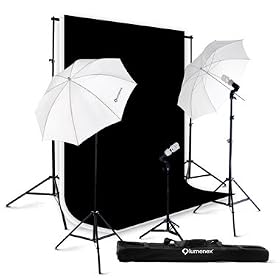 Lumenex Studio 420 Watt Photography Lighting Light Kit + 10' x 10' 100% Cotton Black Muslin Backdrop Background + 10' x 10' 100% Cotton White Muslin Backdrop Background Photo Portrait Studio 32 Umbrella Continuous Lighting Kit