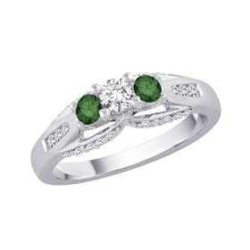 3 Diamond Bridal Engagement Ring with Green Side Diamond 1/2 ct. in 14K White Gold