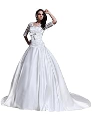 Applique Lace Elbow Length Sleeves  Satin  Ball Gown Wedding Dress 