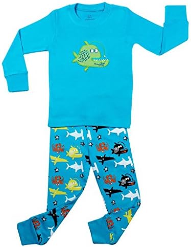 Elowel Boys "Whale Fish" 2 Piece Pajama Set 100% Cotton - Infant, Toddler & Kids