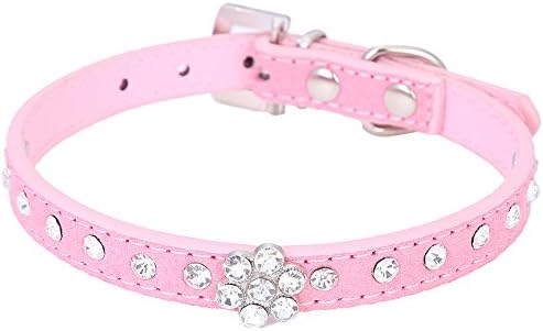 Pet Moon Pet Collars Rows Rhinestone Bling Flower Studded Pu Leather Dog Collar for Small or Medium Dogs (Pink, S)