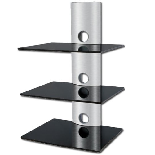 Designer Habitat - 3 x Floating Black Glass Shelves Mount Bracket for DVD/Blu-Ray Player, Satellite/Cable Box, Games Console